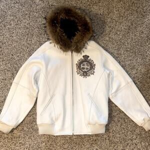 Marc Buchanan White Leather Pelle Pelle Fur Hood – Size L